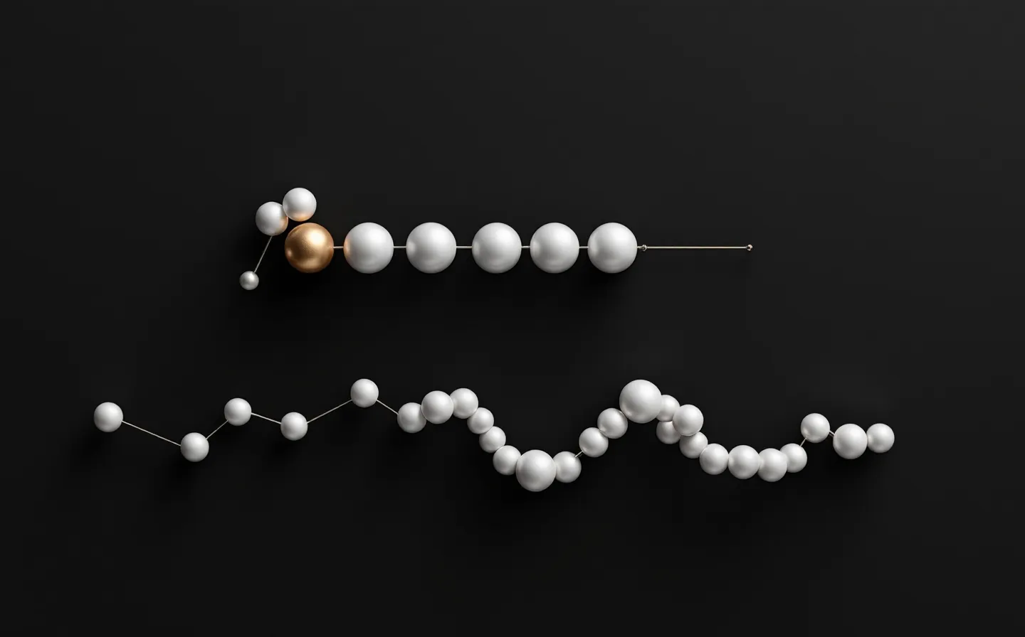 Elegant fine-art photographic plate of the 7-amino-acid TB-500 fragment and the 43-amino-acid Thymosin Beta-4 parent peptide rendered as sphere-chain still lifes on matte black with a quiet navy wash marking the LKKTETQ region